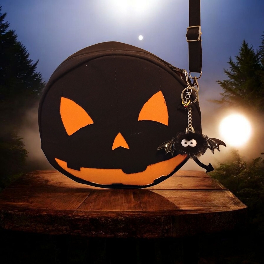 Gothic Handcrafted Limited Design Pumpkin Crossbody Bag With Bat Keychain.
